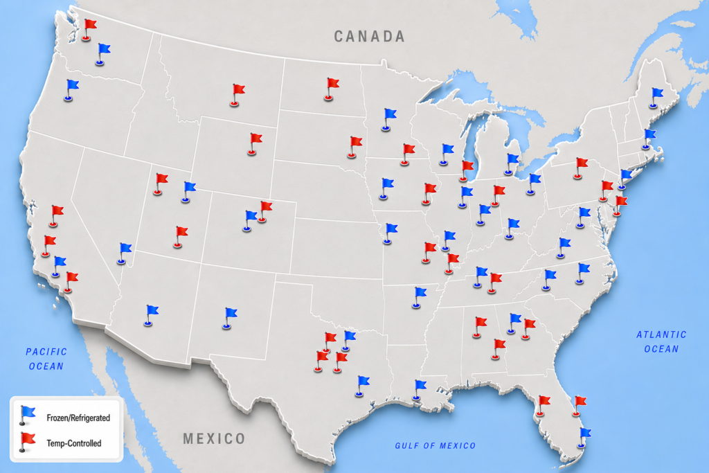 Nationwide temperature-controlled freight network map
